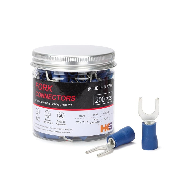 HK-S 200PCS Insulated Fork Spade Wire Connectors - Blue 16-14 AWG M5 Stud Size #10 - Tinned Red Copper - U-Type Electrical Crimp Terminals - Image 1